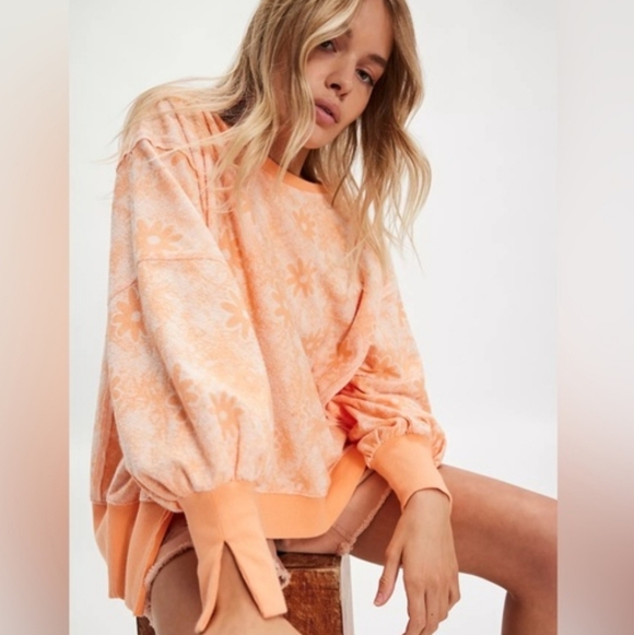 Free People Tops - Free People Steal My Sunshine Pullover Terry Cloth Blend Orange White Large NWT